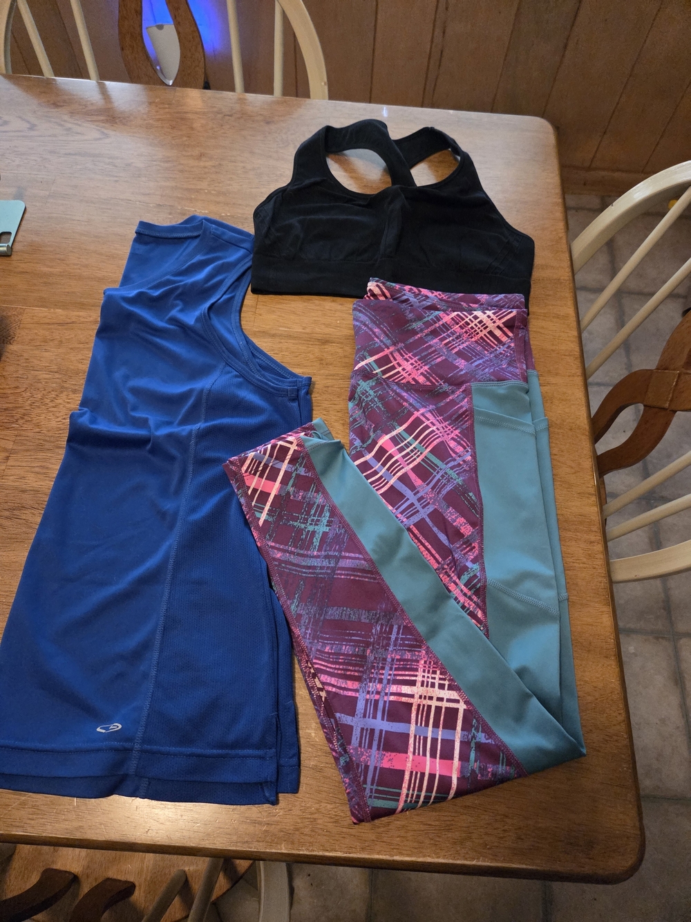 LuLaRoe Black Sports Bra with Blue Tank and Multi-Color Plaid Leggings
